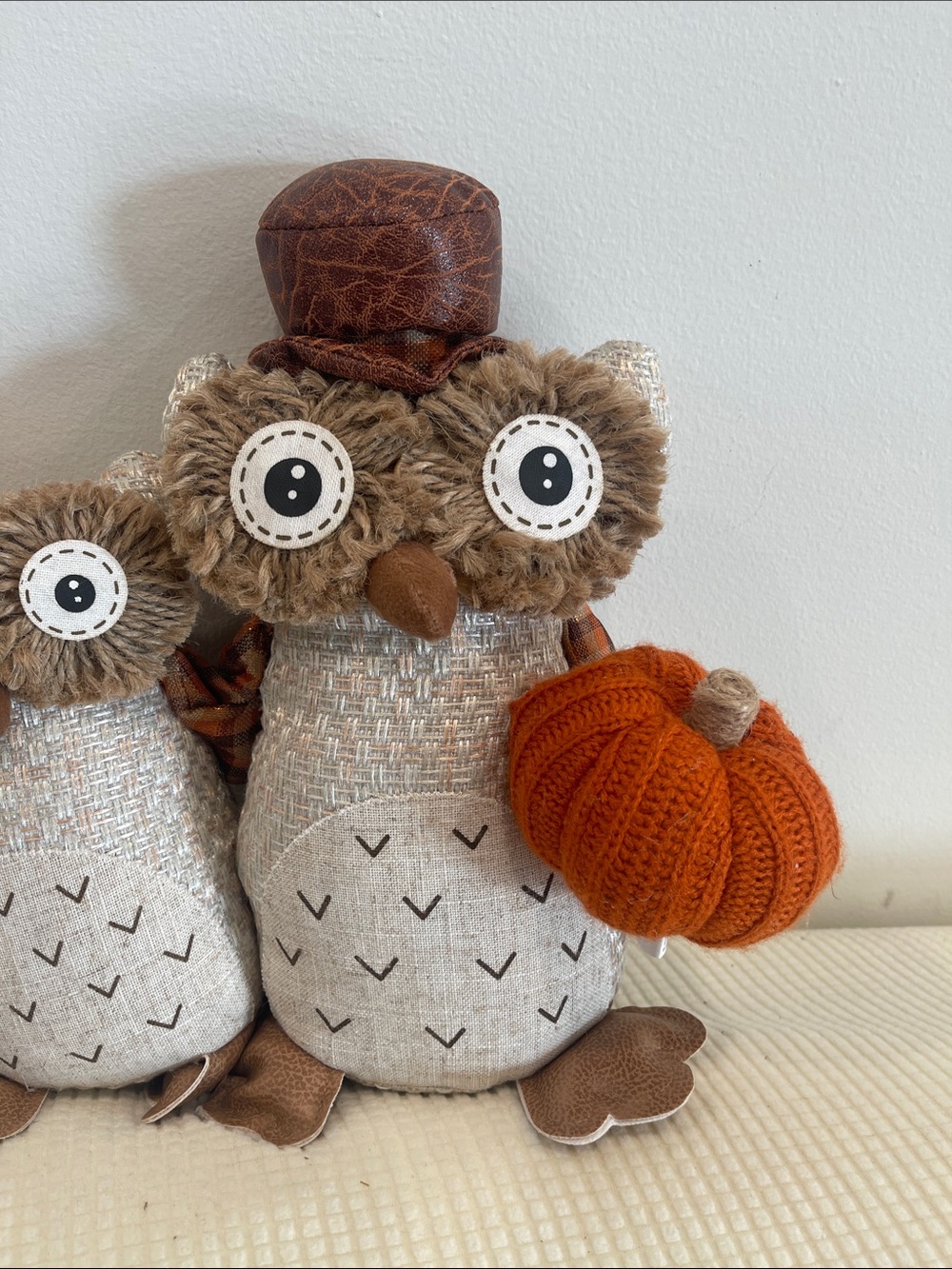 Fall Owl Plush Décor Pair with Orange Knit Pumpkin - Picture 3 of 4